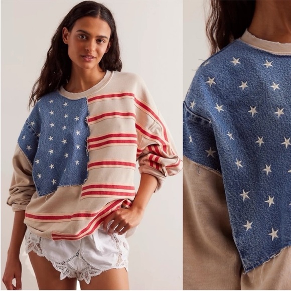 NWT Free People X Tricia Fix Stripes And Stars Pullover Size Large Tan Blue Red - Picture 2 of 15